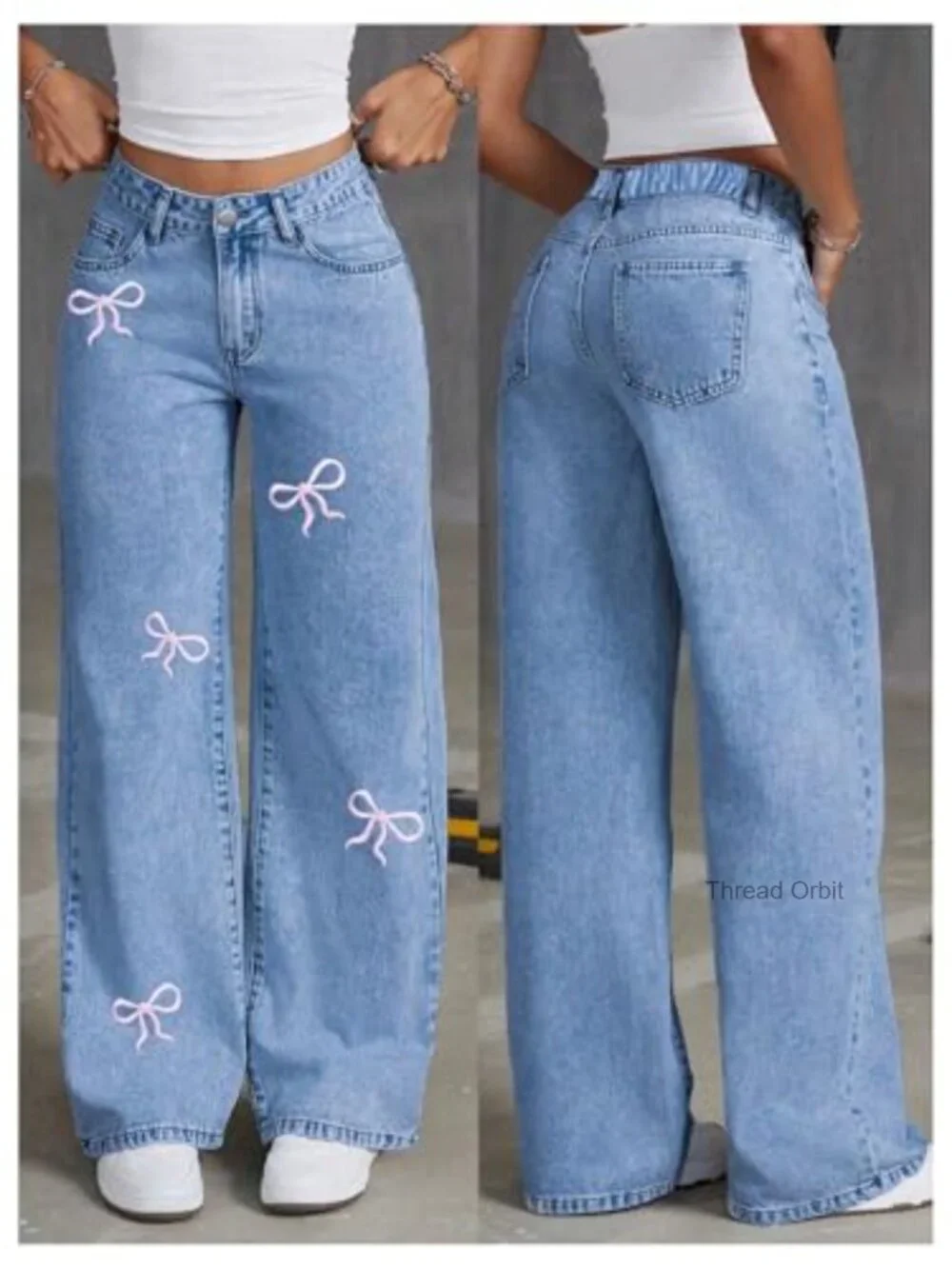Girls Bow Embroidered Baggy Jeans High Waisted Straight Leg Denim Pants